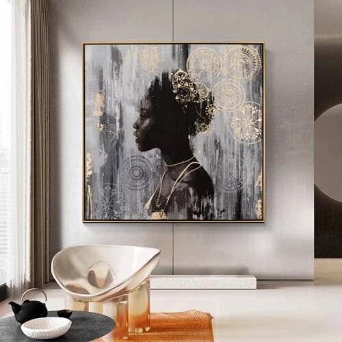African Black Woman Canvas Painting Abstract African Girl Golden Posters and Prints Wall Art Pictures for Living Room Home Decor