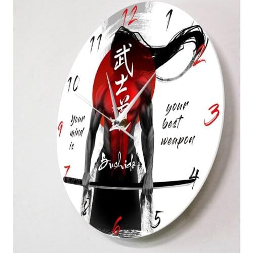 Calligraphy Bushido Wall Clock Samurai with Katana Sword Japanese Martial Arts Man Cave Wall Clock Home Decor Japan Mens Gift
