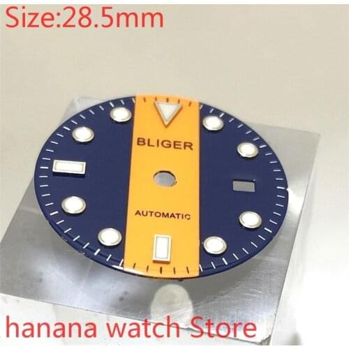 No Bliger logo Aseptic 28.5mm Dial Date Parts Mens Watch blue yellow Dial Luminous, Miyota 8215/8205/821a Eta 2824/2836