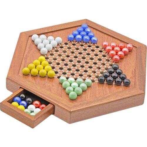 Wooden Chinese Checkers 12 Inches Board Game 6 Color Glass Marbles Family Fun Game Toy Set