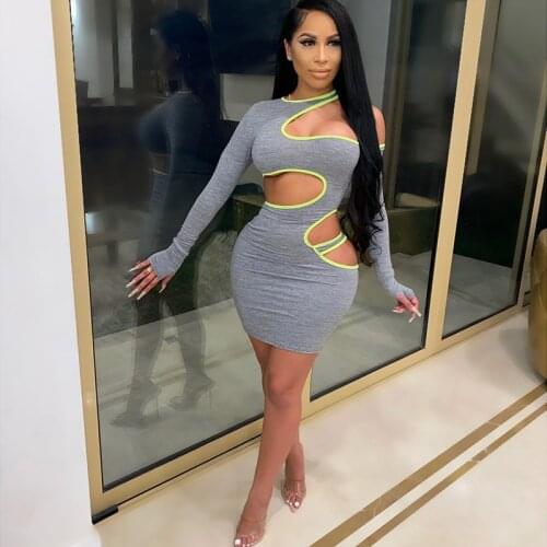 European and American Summer New Sexy Womens Round Collar Long Sleeve Hollowed-Out Color Tight Mini Short Dress