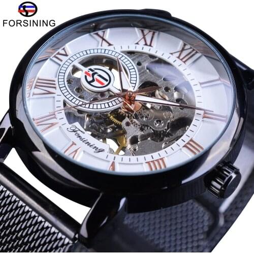Forsining Mens Watch Openwork Mechanical Wristwatches Black Stainless Steel Band Transparent Case Fashion Luminous Hands Design
