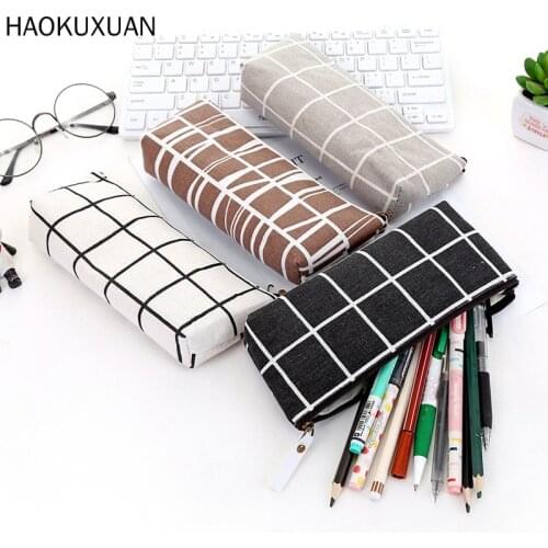 Canvas Pencil Case Geometric School Simple Striped Grid Solid Color Cute Kawaii Bag Pouch Office Students Kids Supplies