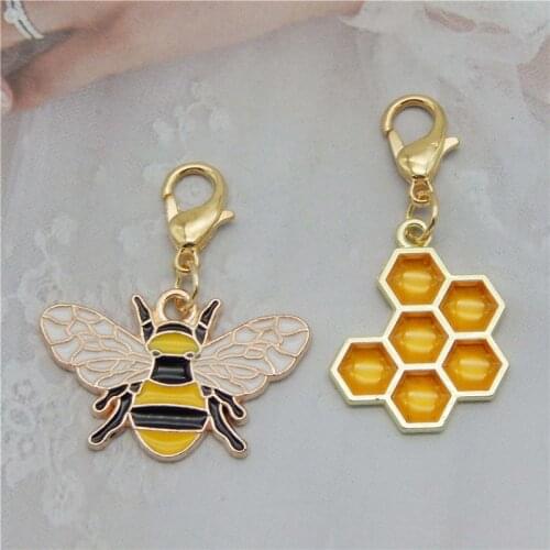 Julie Wang 4PCS Enamel Yellow Bee Honeycomb Charms With Lobster Clasps Pendants Alloy Keychain Jewelry Making Accessory