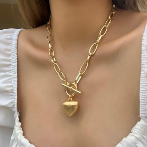 Lifefontier Punk Metal Chain Love Heart Pendant Necklaces for Women Gold Silver Color Link Chian Choker Necklace Couple Jewelry