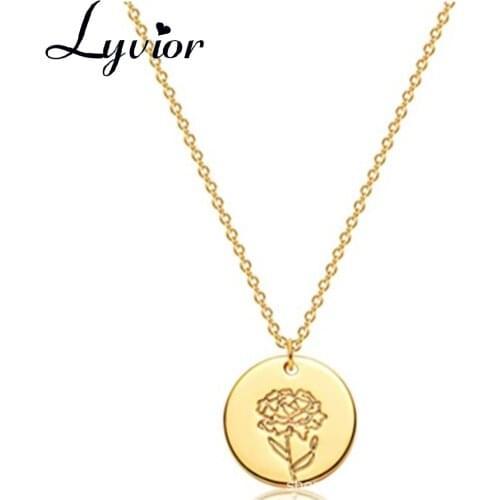 Lyvior Birth Flower Necklace Engraved Custom Floral Pendant Necklaces Dainty Birth Month Charm Hand Stamped Flower Disk Necklace