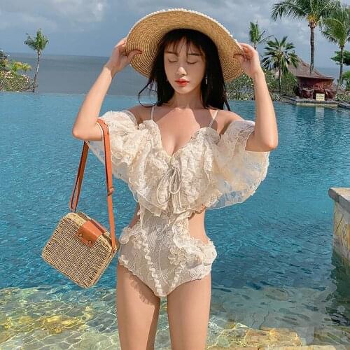 Monokini Swimsuit One Piece Womens Swimsuits Bathing Suit Woman Lace Ruffles Underwire Bracket Push Up Cover Swimwear Solid