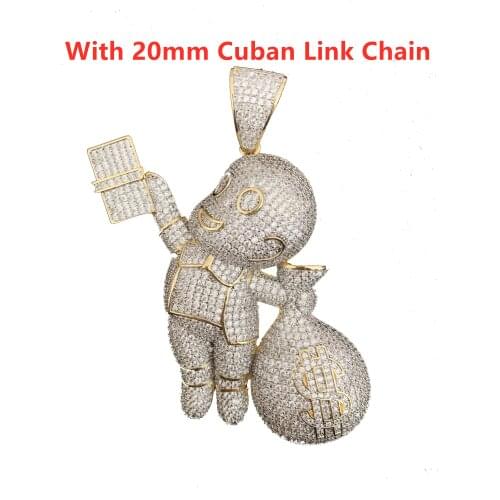 Mens Hip Hop Iced Out CZ Money Bag Kids Pendant Chain 18K Gold Silver Plated Necklace Charm Jewelry with Cuban Link Chain
