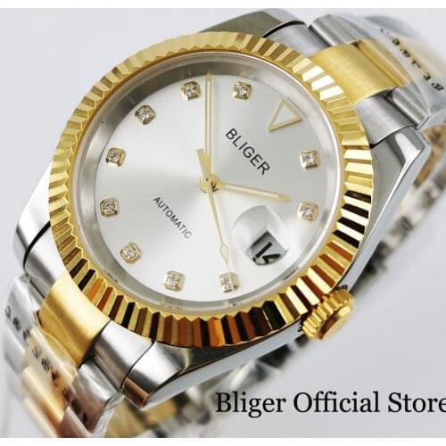 Dress BLIGER Brand Automatic Men Watch 21 Jewels MIYOTA 8215 Screw Crown Two-Tone Gold Plated Strap Sapphire Crystal