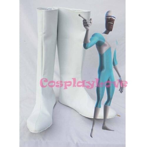 Newest Custom Made American Movie Frozone The Incredibles PU Leather White Cosplay Shoes Long Boots For Halloween