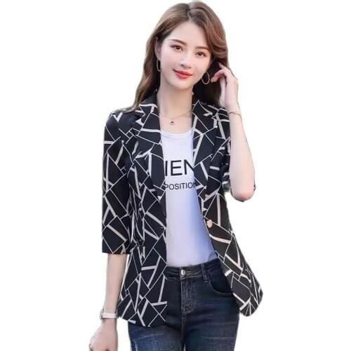 2021New Lattice Fashion Small Suit Coat Spring Summer Thin All-Match 3/4 Sleeve Ladies Small Suit Sun Protection Outerwear