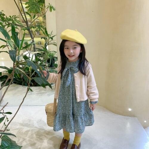 Autumn New Kids Girls Floral Dress +Cardigan