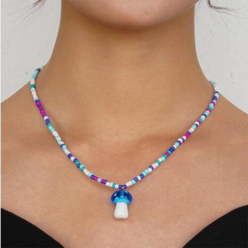 Bohemian colorful Beads choker Necklaces for Women Girls Cute Mushroom Pendant Neck Chain Collier Harajuku Collar Summer Jewelry