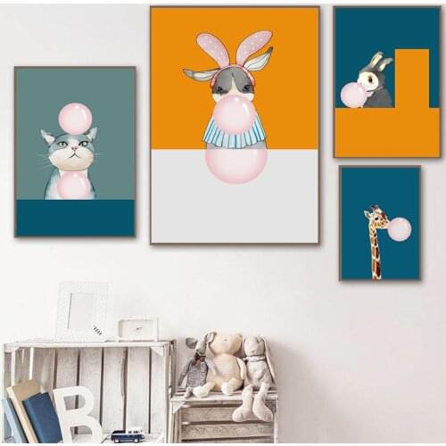 Cute Cat Giraffe Animal Balloon Child Poster Baby Nursery Wall Canvas Print Painting Nordic Kids Room Decoration Wall Picture