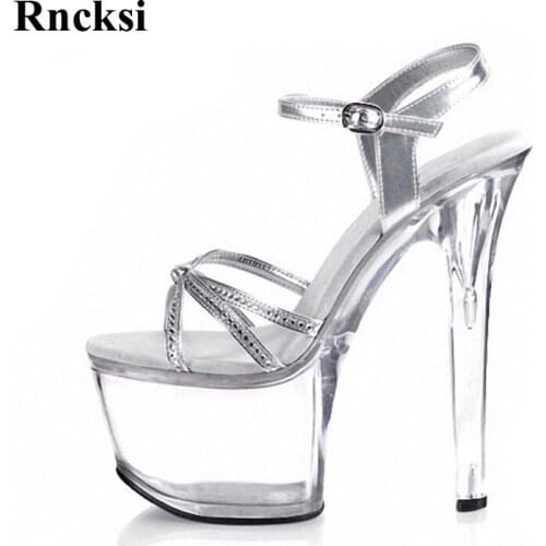 Rncksi New Sexy Silver Women Straps Spring Wedding Party Dress Sandals 17cm High Heels Platform Night Club Pole Dance Sandals