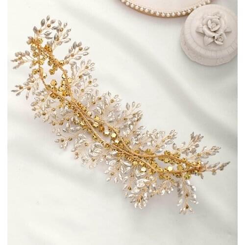 Luxury Hair Jewelry Handmade Rhinestone Crystal Gold Color Leaf Headband Bridal Tiaras Headpiece Wedding Hair Ornaments VL