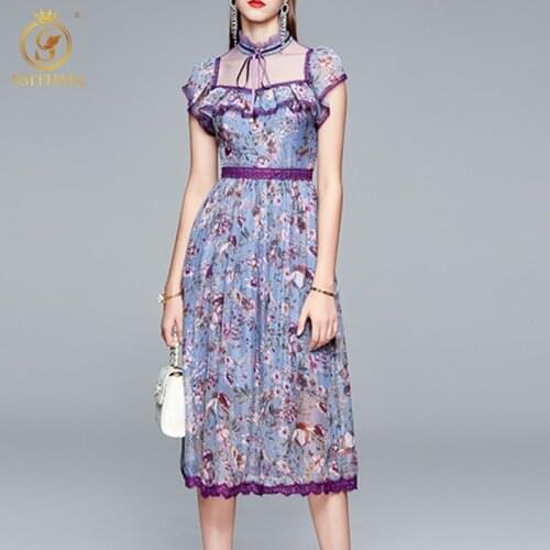 SMTHMA New Fashion Designer Runway Summer Mesh Dress Womens Short Sleeve Ruffle Purple Flower Print Elegant Vacation Long Dress