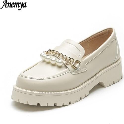 2021 Platform Loafers For Women Leather Slip On Casual Shoes Ladies String Bead Round Toe Moccasin Shoes Female Beige Handmade