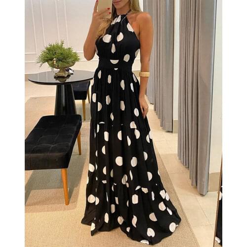 Vintage Halter High Waist Maxi Dress Womens High Waist A-Line Leopard Print/Butterfly/Polka Dot Backless Long Dress Party Club