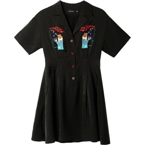 PERHAPS U Vintage Black Animal Embroidery Notch Collar Short Sleeve Button Dress Empire Mini Short Dress D1523