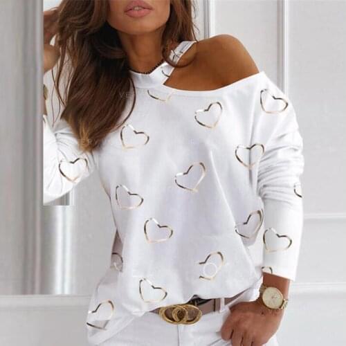 Women Casual Heart Print Tee Shirt Elegant Off Shoulder O Neck Long Sleeve Top Fashion Lady Halter T Shirt Streetwear 3XL
