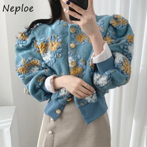Neploe Stylish Temperament Jacket Lantern Sleeve Slim Waist Coat Female 2021 Autumn New 3D Flower Plush O-neck Women Jackets