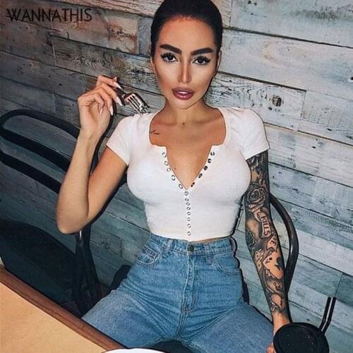 WannaThis Knitted V-Neck Sexy Crop Tops Buttons 2019 Women White Solid Casual Fashion T Shirt Female Tee