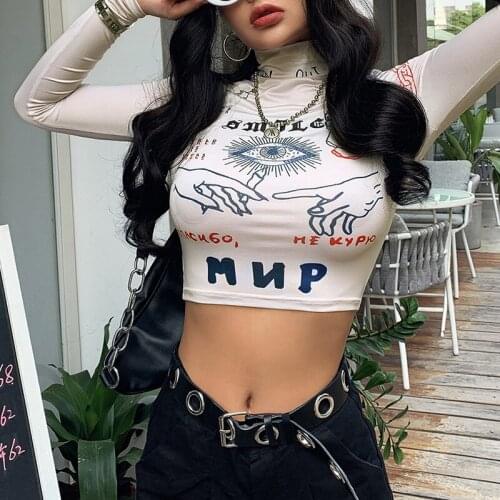 Autumn fashion high street casual Tight stretch Slim crop tops women Funny print full sleeve stretch Slim tee shirt mujer