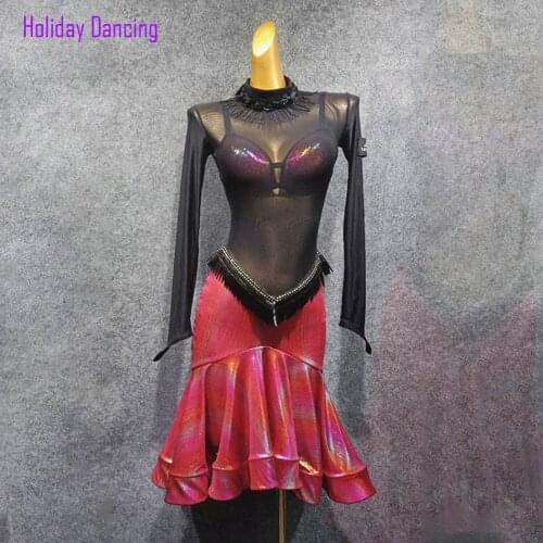 Women Latin Dance Dress Long Sleeve Patchwork Dancing Practise Cloth Samba Tango Chacha Stage Performamnce LP436