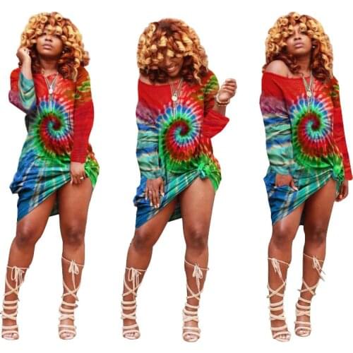 S-XXL Womens Casual T Shirt Dress - One Off Shoulder Colorful Tie Dye Loose Dresses