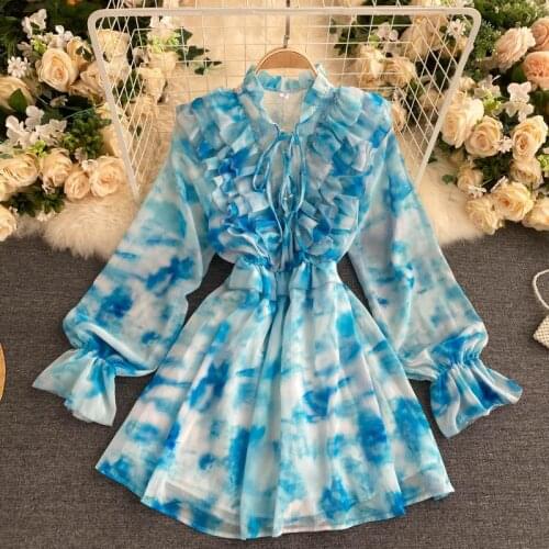 Womens Spring Summer Runway Fashion Long Sleeve Blue Print Chiffon Dress Female Travel Chic Party Beach Dress TB1783