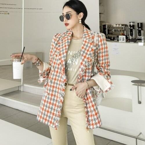 Korean Autumn Elegant Office Lady Fashion Winter Jackets Women Tassel Vintage Plaid Tweed Coat Women Clothes Mujer