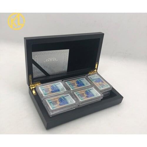 15pcs Fake Money 100 Trillion Dollars Zimbabwe silver Banknotes Bar Gold Coin with Nice Black Wooden Box