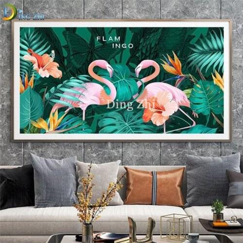 DIY Diamond Embroidery Flamingo And Green Plants Full Square Round Diamond Painting Cross Stitch Kit Mosaic Sticker Large Size