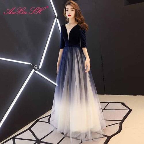 AXJFU princess blue satin white lace evening dress party sweetheart half sleeve red lace evening dress long black dress