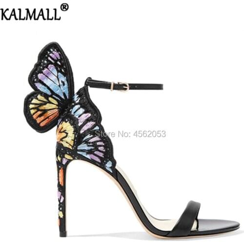 KALMALL Angle Wings Ankle Wrap Party Wedding Shoes High Heels Sexy Open Toe Girls Sweet Colorful Embroidery Butterfly Sandals