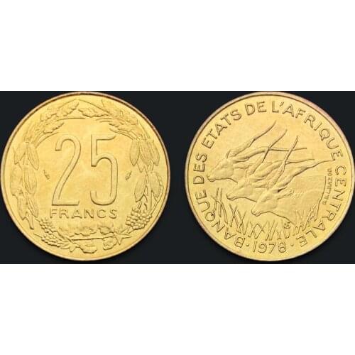Central African 25 Franc Coin, Great Horned Goral, 1978 Real Original Coins Collectibles Authentic Unc