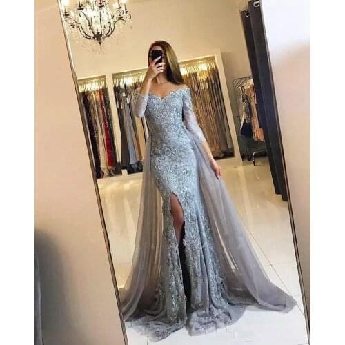 Black Muslim Evening Dress Mermaid 2021 3/4 Sleeves Lace Beaded Slit Tulle V-Neck Dubai Kaftan Saudi Arabic Long Prom Gown