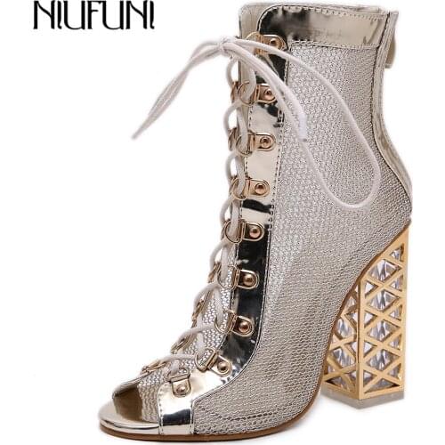 Spring Autumn Bling Boots Peep Open Toe Cross Tied Lace Up Clear Heeled High Heels With Back Zipper Sexy Ladies Block Elegant
