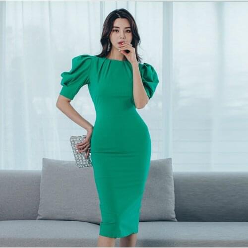 Dropshipping Summer Green Dress Women Puff Sleeve Bodycon Wrap Ladies Dresses Sheer korean Style Womens Dresses New Arrival 2020