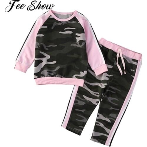 2Pcs Infant Baby Girls Sprint Autumn Camouflage Print Sport Suit Ballroom Dance Wear Long Sleeve Sweatshirt Top Drawstring Pants