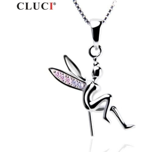 CLUCI 925 Sterling Silver Lovely Fairy Pearl Pendant Pink and White CZ For Girls Necklace Jewelry,can stick 6-7mm pearl SP304SB