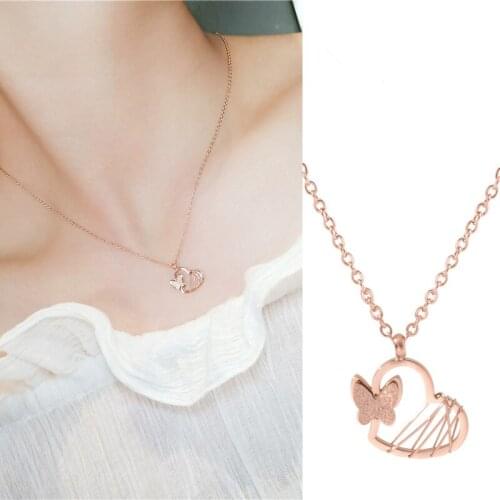 YUN RUO Rose Gold Fashion Heart Butterfly Pendant Necklace Titanium Steel Jewelry Woman Christmas Gift Never Fade Drop Shipping
