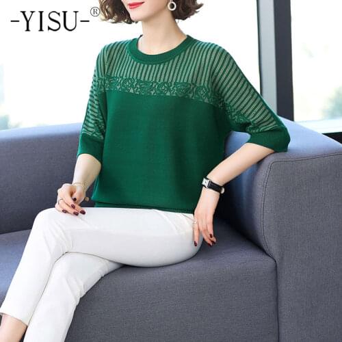 YISU 2021 New Summer Loose Sweater O-Neck Middle sleeve Jumper Female tops Thin Casual Knitted Pullover Woman clothing