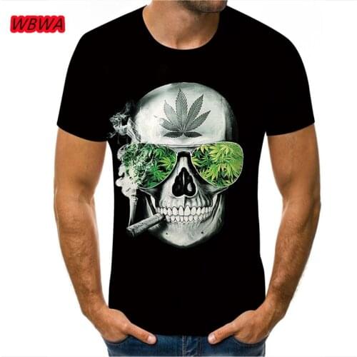 WBWA 2021 Mens Casual T-shirt Natural Weed Cool Fresh Green Leaf Skull 3D T Shirt Mens Fashion Hip Hop Crew Neck T-shirt
