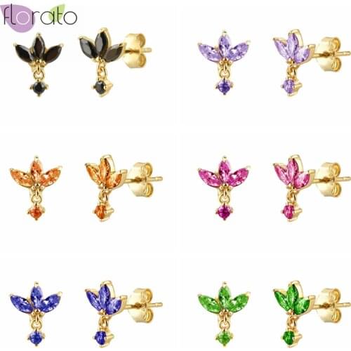 100% Real 925 Sterling Silver Three Zircon Stud Earring for Women Black/White/Purple Piercing Gold Silver Jewelry 2020