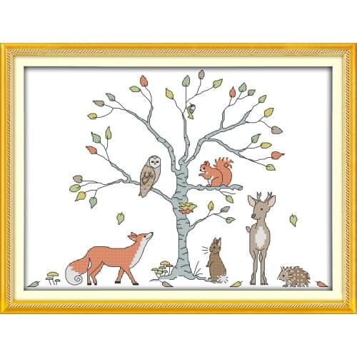 Joy sunday cartoon style The tree and animal 14ct or 11ct counted and stamped easy cross stitch patterns for kids