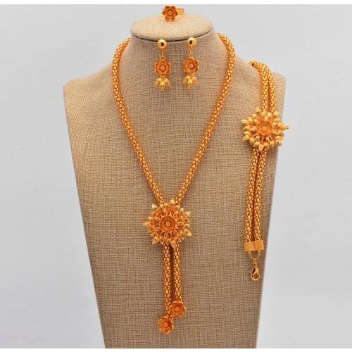 Nigerian wedding gold jewelry set for women Chic Style Flower Shining Necklaces Earrings Bracelet Party Wedding Jewelry Sets