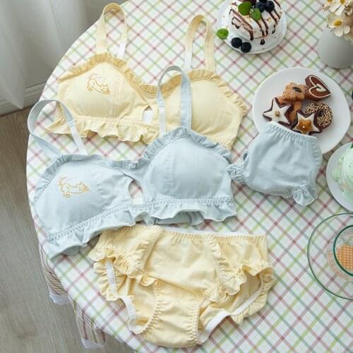 Wriufred Girls Bra Set Cute Embroidered Cartoon Sweet Ruffle Comfortable Small-breasted Underwear Large Size Womens Lingerie