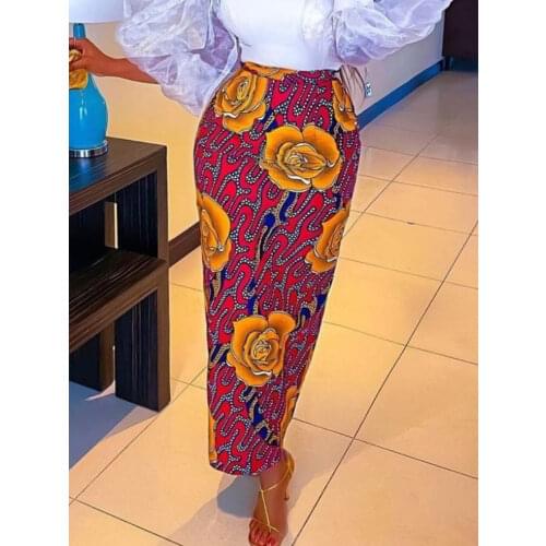 Women Print Skirt High Waist Vintage Flower Office Ladies Elegant Classy Modest Female African Slim Fit Club Event Summer Jupes